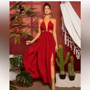 SHEIN Ring Linked Criss Cross Tie Backless M-Slit Hem Red Dress